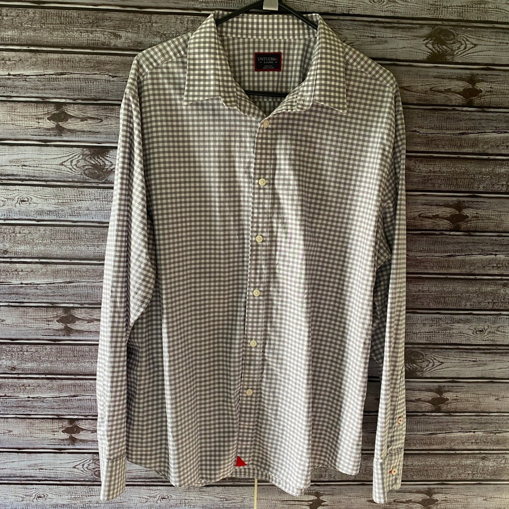 UNTUCKit Men's Long-Sleeved Button-Down Shirt‎ Size XL Gray White Gingham Logo